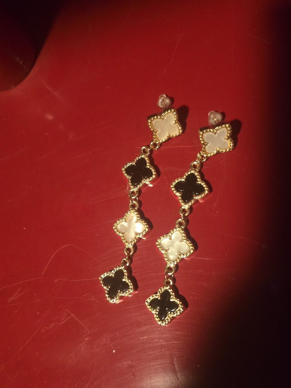 K Drama! Gold Dangle Earrings Elegant Black White Clover Accents All Occasion